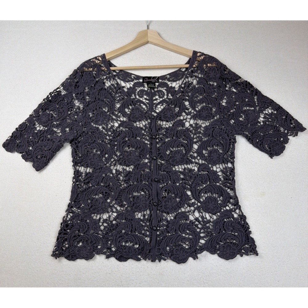 Questions Lace Cardigan Women's Short Sleeve‎ L Button Up Victorian Gray Purple